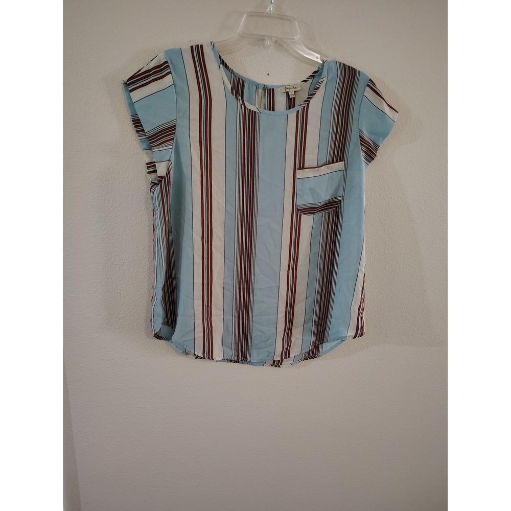 Lily White Womens Blue White Striped Cap Sleeve Keyhole Back Blouse Large